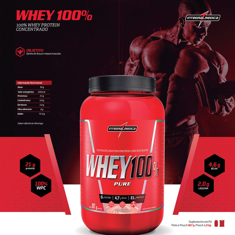 Suplemento Whey Protein 100% Puro - 900g - IntegralMédica | Recuperação Muscular Rápida e Ganho de Massa